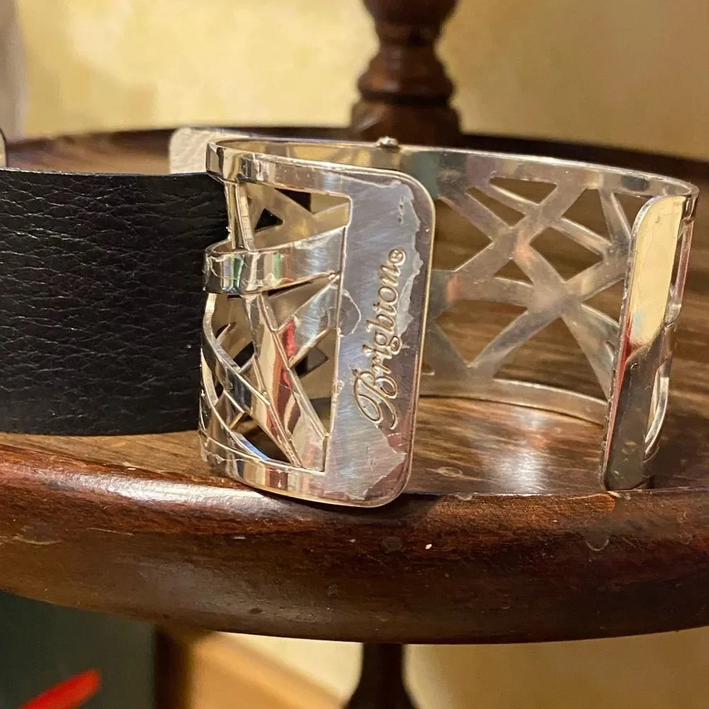 Brighton Silver Christo‎ Maritzburg Wide Cuff Bracelet with black white leather
